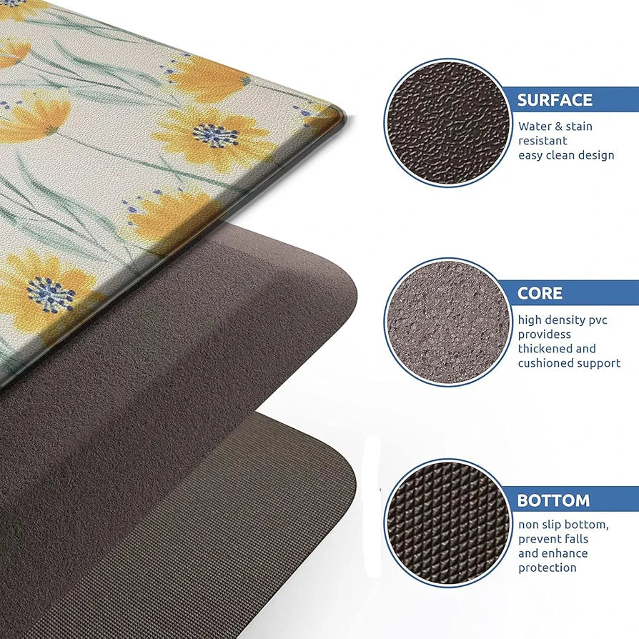 Luxe Home Columbo Anti-Fatigue Kitchen Mat - 45x75 cm Non-Slip Cushioned Comfort Mat - Floral Pattern Standing Desk Mat - Waterproof and Easy to Clean for Home and Office